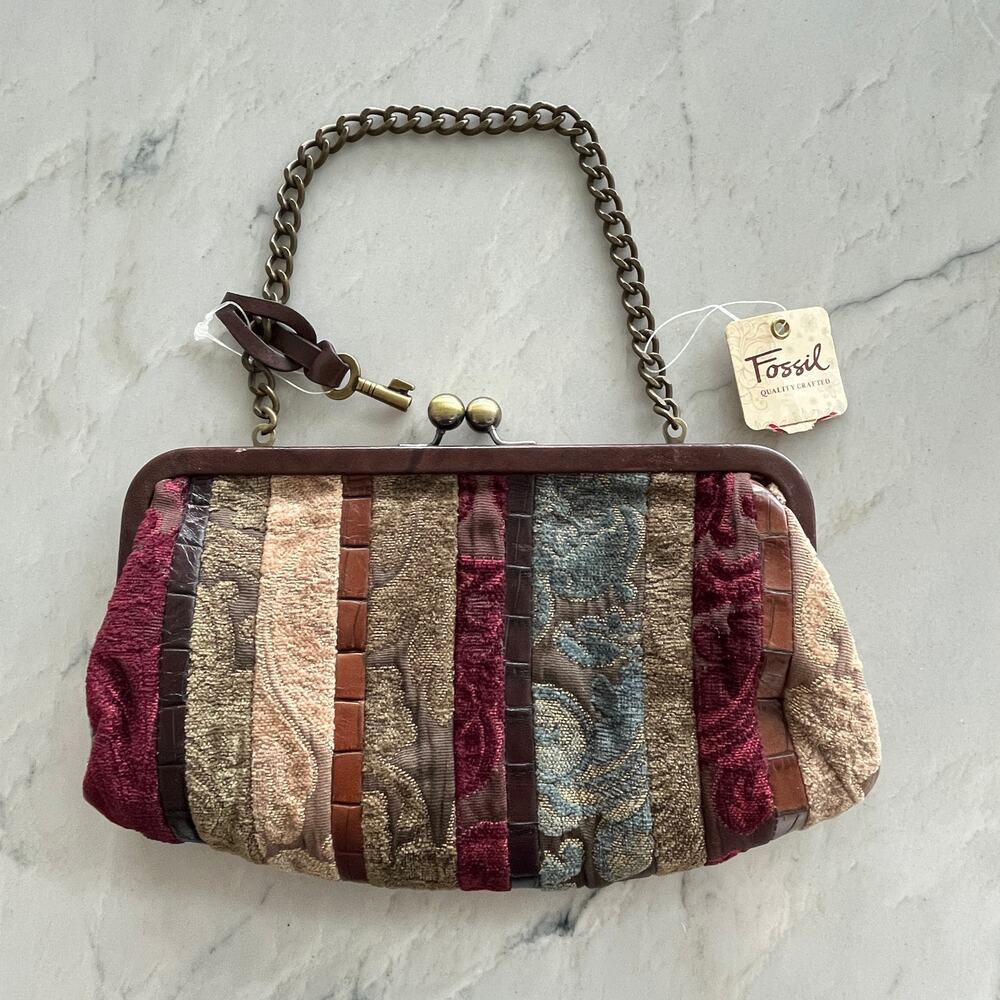 Fossil Blakely Frame Clutch Patchwork Leather Kiss Lock Bag Purse NWT - Picture 1 of 15
